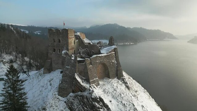 Aerial view of the ruins of Czorsztyn Castle in Pieniny mountains, Poland