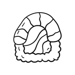 Sushi roll with fish in doodle style. Png, vector illustration of asian food in linear drawing style