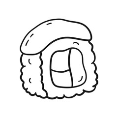 Sushi roll in linear drawing style. Traditional asian food in doodle style. Png on transparent background, vector illustration