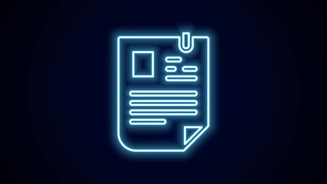 Glowing neon line Resume icon isolated on black background. CV application. Searching professional staff. Analyzing personnel resume. 4K Video motion graphic animation