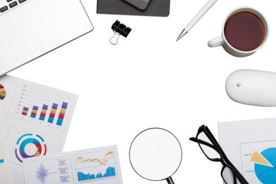 Office workspace with notebook, pen, coffee, clips and accessories.