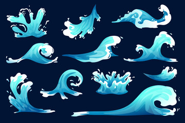 Water splash, vfx game cartoon set. Blue water spray motion, spatter blast, drip or ripple, Vector illustration