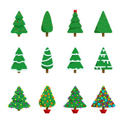 Christmas trees. Can be used for printed materials - leaflets, posters, business cards or for web. Colorful winter trees collection for holiday xmas and new year. Vector illustration.