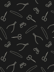 doodle pattern with manicure tools, background with doodle icons of manicure supplies. poster, banner for advertising with black background
