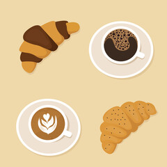 croissants with chocolate and coffee Americano and cappuccino 