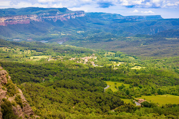 Fototapeta na wymiar Aerial view of the impressive forests of the natural park of Guillerias and Collsacabra, Catalonia, Spain