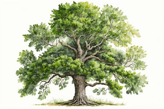 Oak.Deciduous tree.Watercolor illustration.White background, AI ART