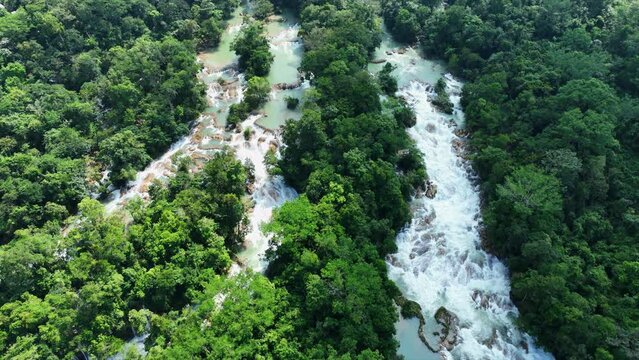 Aerial view of the waterfalls Agua Azul, Chiapas (Mexico).