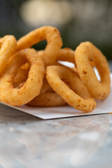 Fast Food Restaurant, food delivery, takeaway food, paper containers with Onion Rings and sauce.