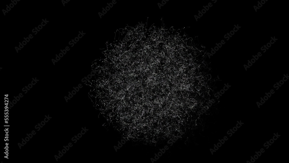 Poster abstract rotating three-dimensional ball with a million randomly moving particles worms on black bac