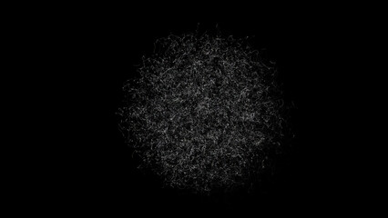 Abstract rotating three-dimensional ball with a million randomly moving particles worms on black background. Living cell model. Cosmic mysterious body. 3D render