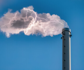 Factory chimney with Industrial pipe. Blue sky at sunny day. Thunderstorm in smoke. Collage.