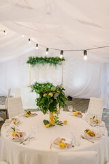 Table and chairs guests in banquet area on wedding party. Festive stand, arch decorated leaves eucalyptus greenery and garland with lights in tent. Hall with decor herbs and lemons. Setup ceremony.