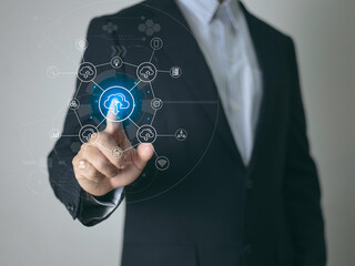 Hand touching infographic cloud computing and technology icons , cloud technology is centralise collect lifestyle and confidential information