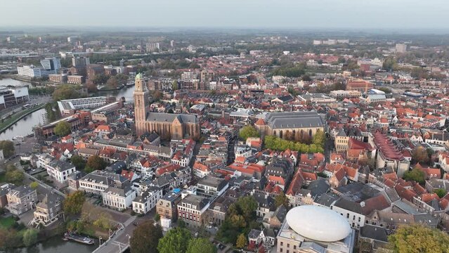 Zwolle historic city center aerial overview. Municipality in the Netherlands in the province of Overijssel. Buildings, infrastructure, canals and roads.