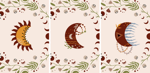 Collection of mystical celestial moon and leaves. Bohemian moon poster is perfect for banner, poster, greeting card. Bohemian Witchcraft moon. Vector illustration.