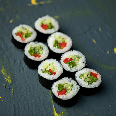 Sushi rolls maki with cucumber, green onion and red pepper. Vegetarian rolls. Healthy diet. Low calorie meal. Fitness menu. Japanese kitchen. Soft focus. Copy space. Dark background.