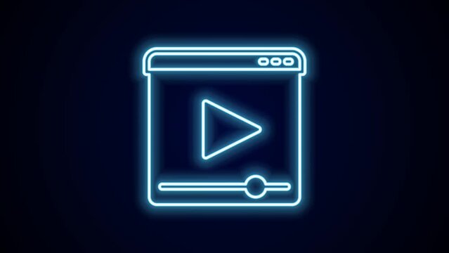 Glowing neon line Online play video icon isolated on black background. Film strip with play sign. 4K Video motion graphic animation