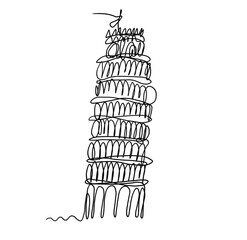 One continuous line, Leaning Tower of Pisa, hand drawing illustration, Pisa, Italy, Europe	