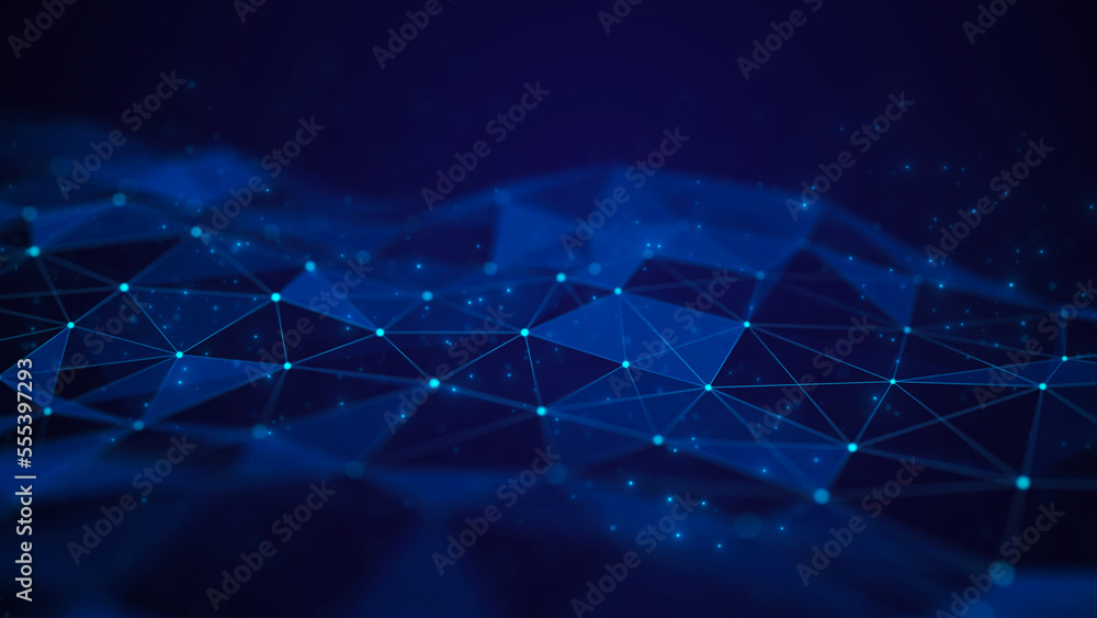 Poster abstract blue wave of triangles and flying particles. information cyberspace. illustration of a netw