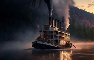 old steamboat with smoke in river. generative ai