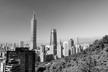 Taipei skyline. Taipei city black and white.
