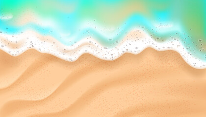 Beach wave top view, 3D soft vector sea foam sandy background, summer ocean texture border. Aerial shore horizontal scene, travel tropical holiday banner, realistic froth. Beach foam tropical clipart