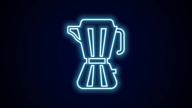 Glowing neon line Coffee maker moca pot icon isolated on black background. 4K Video motion graphic animation
