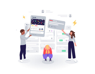 Girl has stress at work because colleagues give her many tasks. vector illustration.