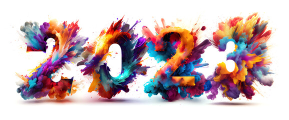 2023 Happy New Year celebration banner with colorful 3D numbers made of paint splashes isolated on white background, created with Generative AI technology - obrazy, fototapety, plakaty