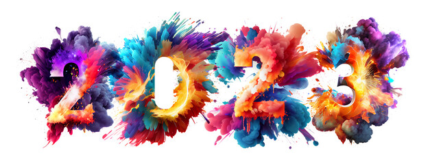 2023 Happy New Year celebration banner with colorful 3D numbers made of colorful paint splashes isolated on white background, created with Generative AI technology