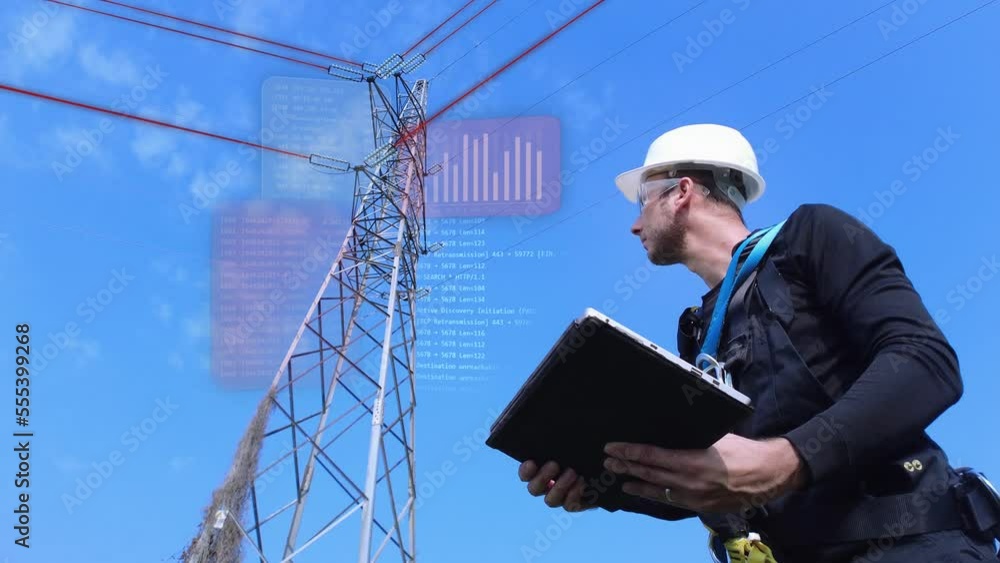 Poster electrical engineer servicing pylon tower with tablet - 3d render
