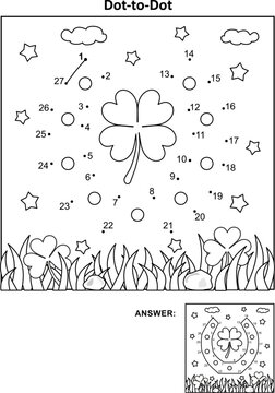 St. Patrick's Day dot-to-dot picture puzzle and coloring page with horseshoe. Answer included.
