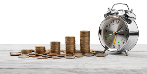 Stack golden coins with alarm clock, Save  time money concept