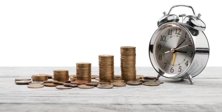 Stack golden coins with alarm clock, Save  time money concept