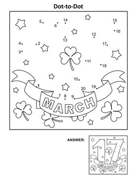 St. Patrick's Day dot-to-dot picture puzzle and coloring page with 17th March sign. Answer included.
