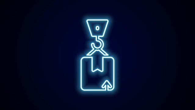 Glowing neon line Crane with carton cardboard box icon isolated on black background. Crane lifts a container with cargo. 4K Video motion graphic animation