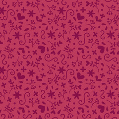 Seamless monochrome romantic pattern in doddle style on viva magenta pantone colour background. Valentine's day, wedding, mother's day.