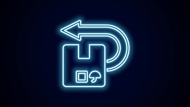 Glowing neon line Return cardboard box icon isolated on black background. Box, package, parcel sign. Delivery and packaging. 4K Video motion graphic animation