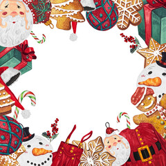 Obraz premium Watercolor Vintage Winter Christmas.Christmas Themed Design.Christmas Decorations.Santa Claus Clothes.Snow and Cookies.Snowflakes. Snowman.Christmas Illustrations. Frame-background.