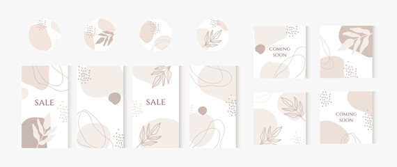instagram post and stories. Insta story templates and highlights covers vector set. Social media background design with floral and hand drawn organic shapes. Abstract minimal trendy style set.