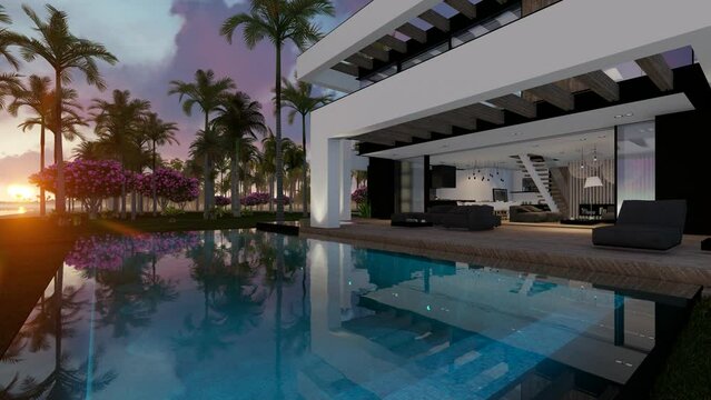 4K video rendering of modern cozy house with pool and parking for sale or rent in luxurious style by the sea or ocean. Sunset evening by the coast with palm and flowers in tropical island Fly-walk
