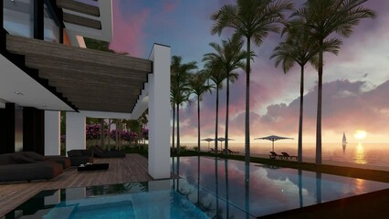 4K video rendering of modern cozy house with pool and parking for sale or rent in luxurious style by the sea or ocean. Sunset evening by the coast with palm and flowers in tropical island Fly-walk