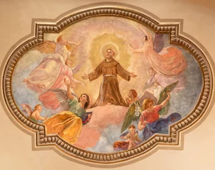 Tuinposter VARALLO, ITALY - JULY 17, 2022: The fresco of Glory of St. Anthony of Padua  in the church  Chiesa di sant Antonio by C. Secchi from 20. cent. © Renáta Sedmáková