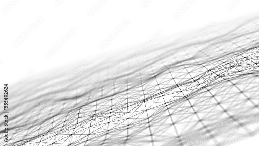 Poster wave of particles on a white background. abstract interlaced lines and dots. digital connection of e
