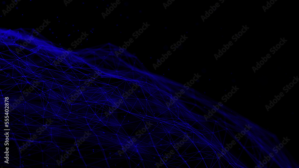 Poster Futuristic wave with lines and dots. Abstract background with a dynamic wave. Particle placement with hanging dots in space. Large data background. 3d rendering.