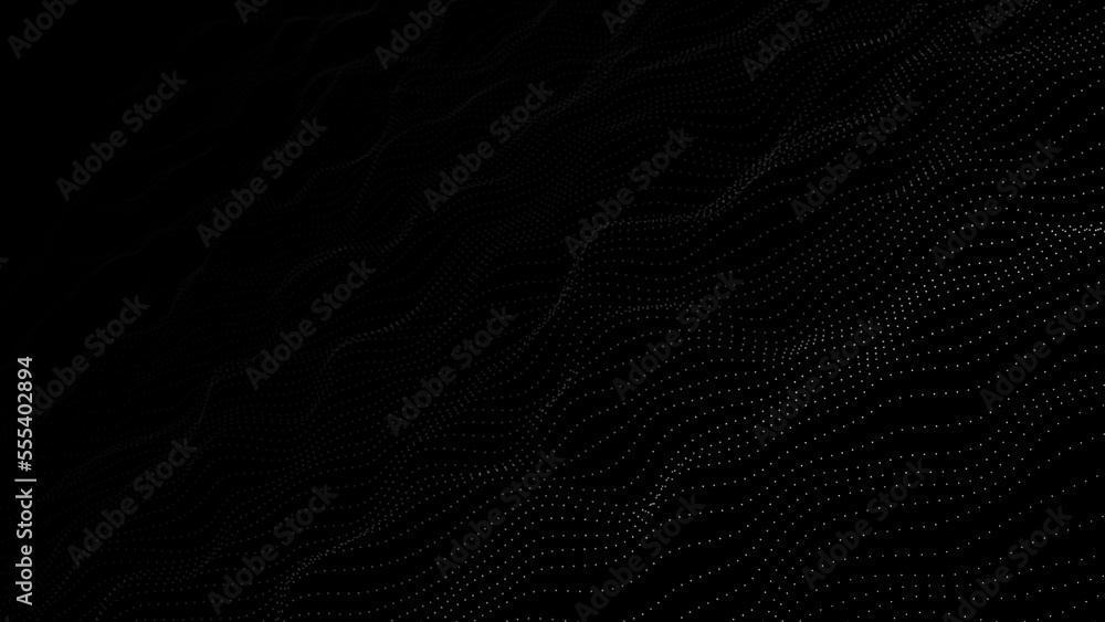 Poster Wave of digital particles on a black background. Abstract interlacing lines and points. Digital connection of elements. Simulation of the movement of small particles. 3D rendering.
