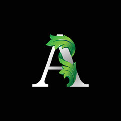 Initial letter A, 3D luxury green leaf overlapping white serif font on black background
