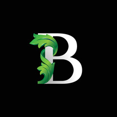 Initial letter B, 3D luxury green leaf overlapping white serif font on black background