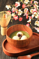 Matcha Tangyuan on Wooden Bowl